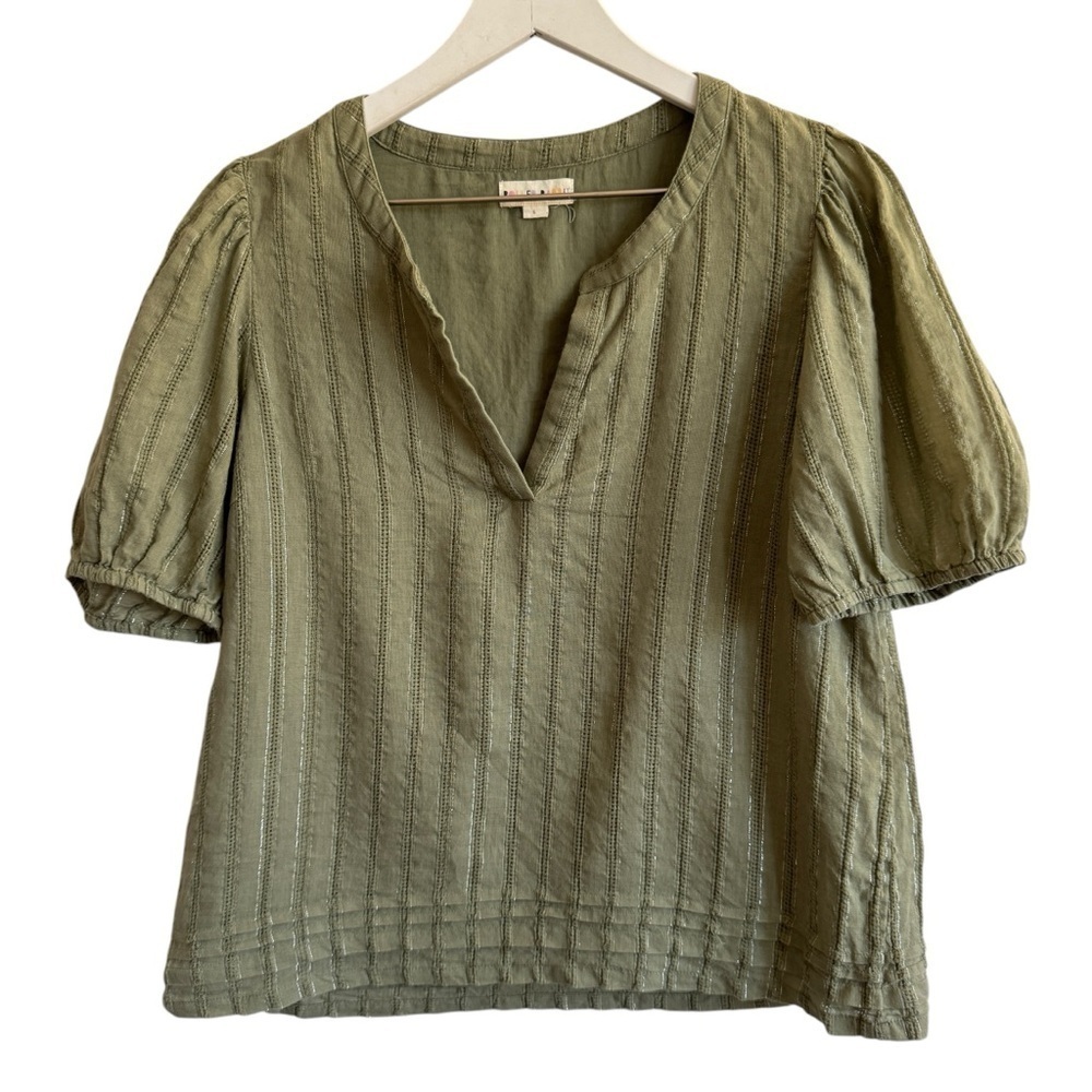 Roller Rabbit Green Puff Sleeve Cotton Poplin Top, Size S